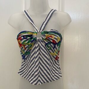 TINY Blue Striped Multicolor Crop Halter Top XS